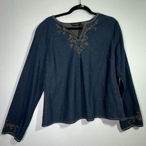 Dorothy Perkins Embroidered Denim Top Blue Boho Peasant Blouse Size 18